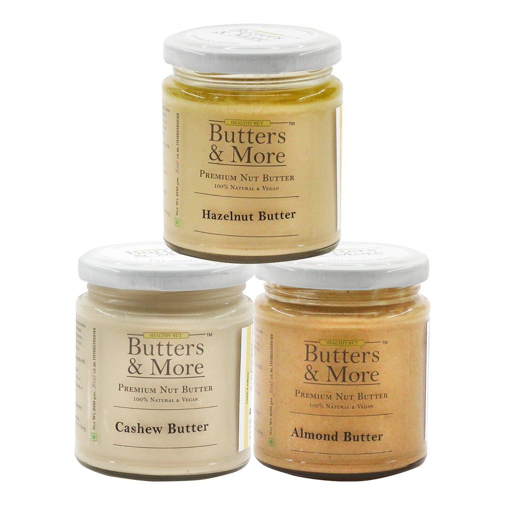 Butters & More Vegan DIY Nut Mlk Starter Kit. Almond, Hazelnut & Cashew Butter (3x200 grams). Keto & Diabetic Friendly. All Unsweetened. Super Saver Combo.