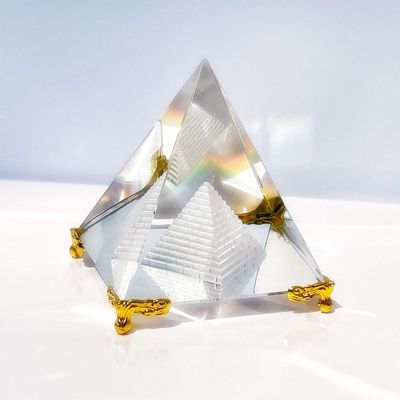 Together-life Crystal Pyramid Prism, Feng Shui Crafts Meditation Crystal with Gold Stand for Home Office Art Decor, Pyramids Gift, Stand for Prosperity, Positive Energy and Good Luck