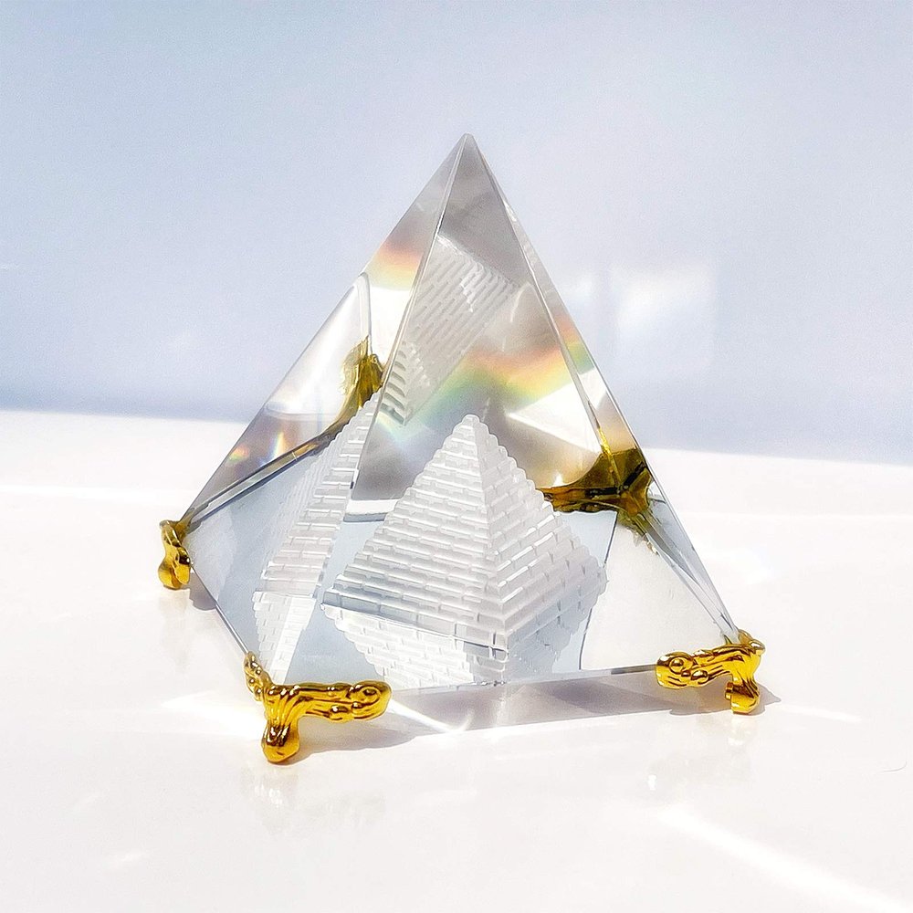 Together-life Crystal Pyramid Prism, Feng Shui Crafts Meditation Crystal with Gold Stand for Home Office Art Decor, Pyramids Gift, Stand for Prosperity, Positive Energy and Good Luck