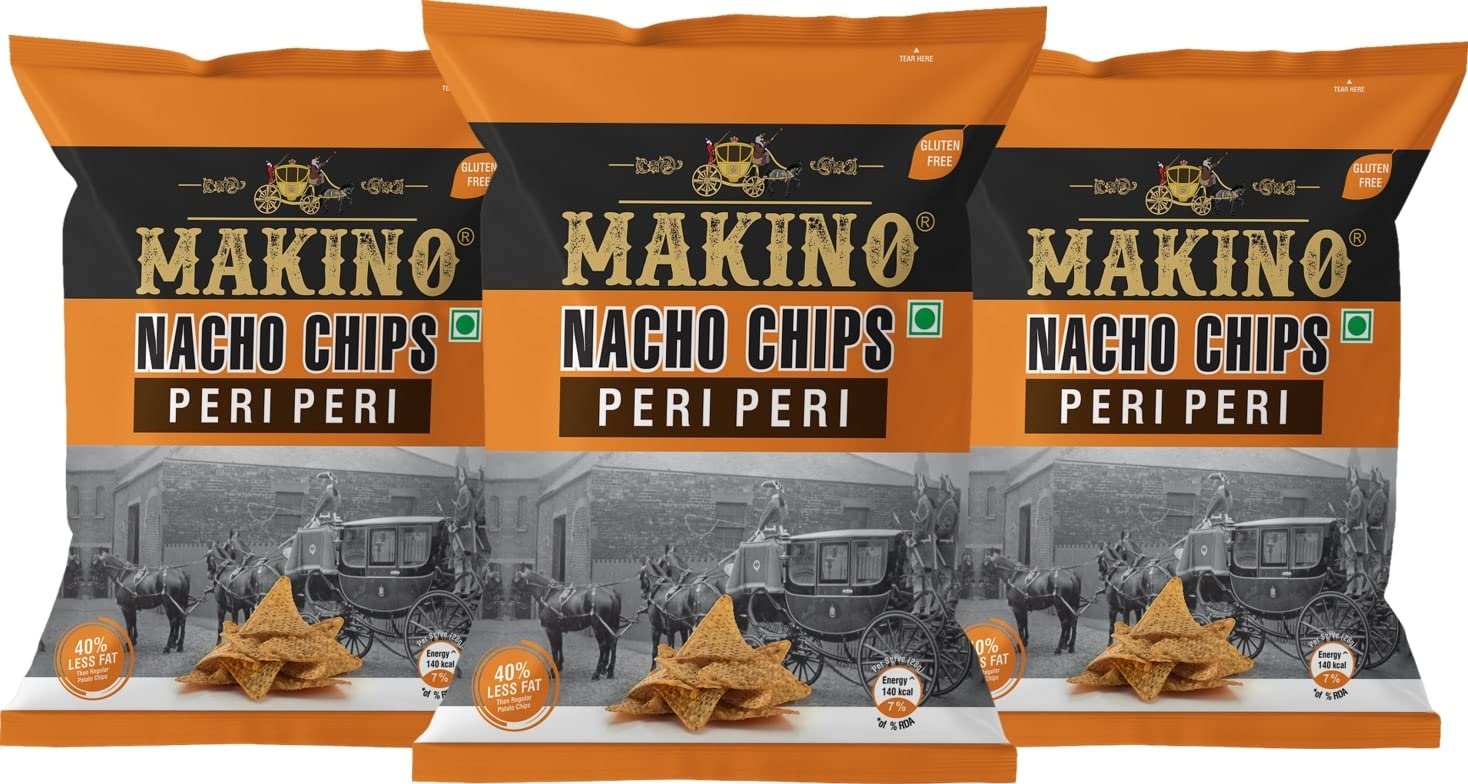 Makino - Nacho Chips Peri Peri Flavour 60 Gram | Tortilla | Healthy | Tasty Savoury Snack | Delicious Nacho Chips | Low Calorie - Pack of 3