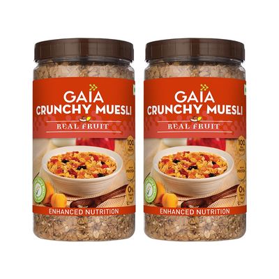 GAIA Crunchy Muesli Real Fruit - Flakes, Oats, Almond, Raisins & Real Fruit, Low Calorie Healthy Breakfast, The Perfect Blend Of Crunch, Fiber-Rich Oats, Nuts, & Real Fruits, 1Kg Jar (Pack Of 2)