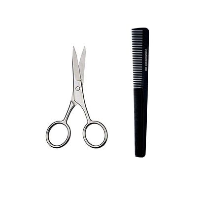 Verceys Hair Cutting Scissor For Eyebrow Moustache Trimming Beard Trimming (Silver 4-inch) Carbon Antistatic Comb (No 980) Beard Comb Shaper (1 Small Scissor And 1 Comb)