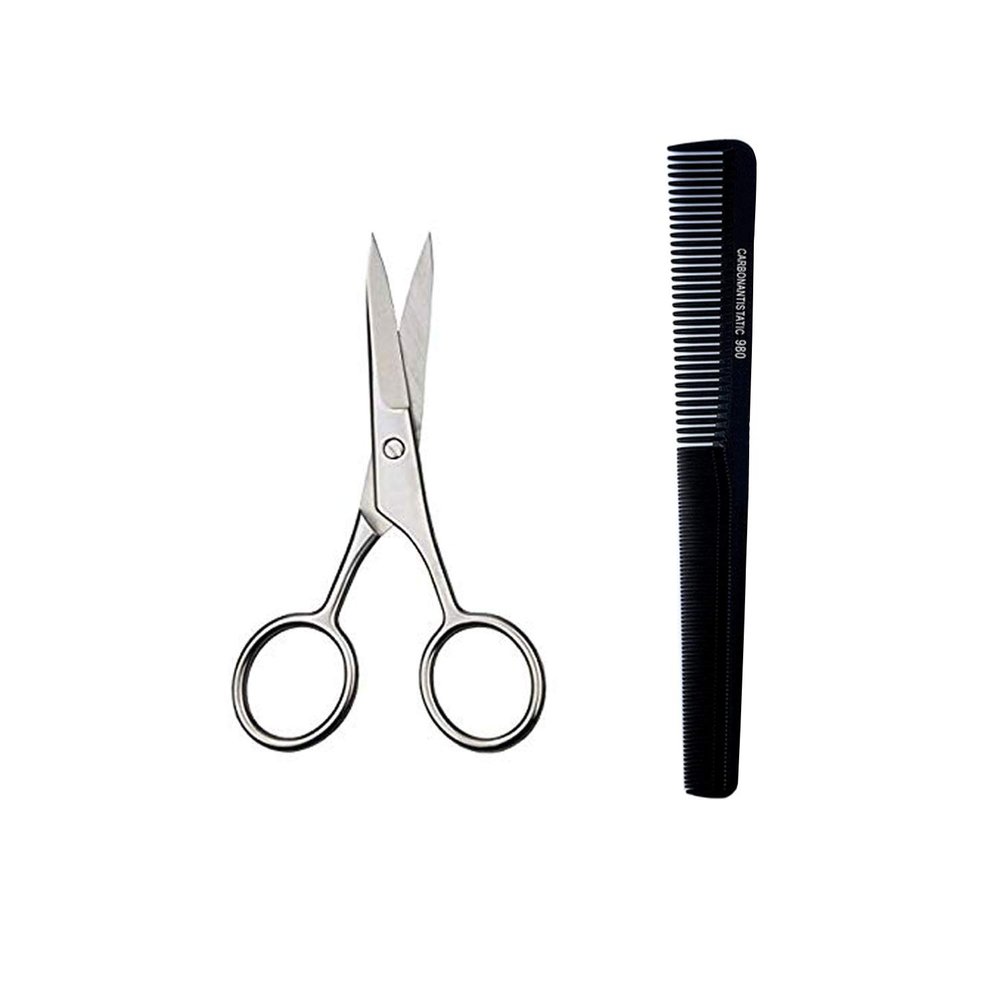 Verceys Hair Cutting Scissor For Eyebrow Moustache Trimming Beard Trimming (Silver 4-inch) Carbon Antistatic Comb (No 980) Beard Comb Shaper (1 Small Scissor And 1 Comb)