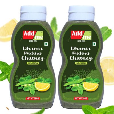 Add me Dhania pudina Chutney 200gm pack of 2 | Classic Indian Mint Sauce Pani Puri Bhelpuri Chutneys in Squeeze Bottle
