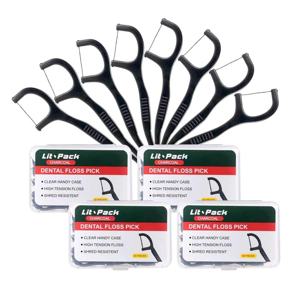 Charcoal Floss Picks Dental Floss Picks with 4 Travel Handy Cases 240 Count Flossers