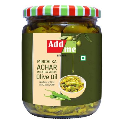Add me Chilli Pickle in Olive Oil 500gm, Hari mirch ka Achar in Olive Oil 500 gm Glass jar Grocery | Spicy Green Chilli Pickle in Glass Bottle Pack of 1