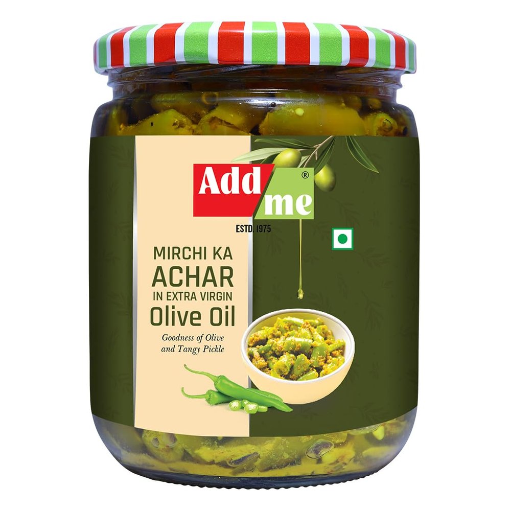 Add me Chilli Pickle in Olive Oil 500gm, Hari mirch ka Achar in Olive Oil 500 gm Glass jar Grocery | Spicy Green Chilli Pickle in Glass Bottle Pack of 1