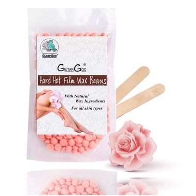 GutarGoo Painless Brazilian Hair Removal Hard Film Hot Wax Beans for Stripless Body Waxing at Home with free spatula (Soothing Pink Rose, 250g)
