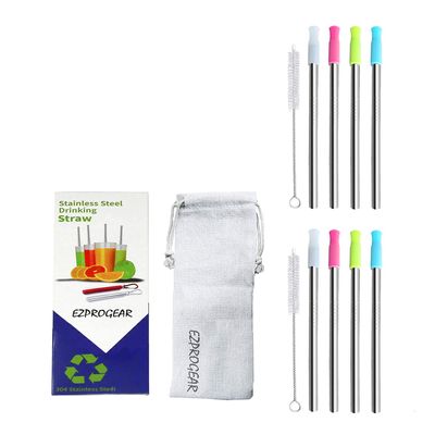 Ezprogear 8 mm 5.75 Inch Short Stainless Steel Reusable Drinking Wide Straw 8 Pack Short Straw with Silicone Tips and Canvas Bag (8 Short)