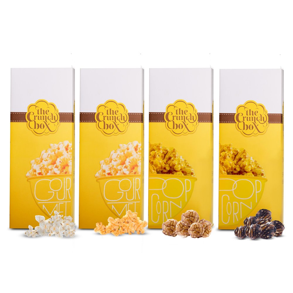 The Crunch Box Gourmet Popcorn Gift Combo Pack of 4 - Chocolate (170gms), Caramel(170gms), Cheese(30gms) & Himalayan Salt(30gms) | Perfect for Parties, Family Gathering & Gifting