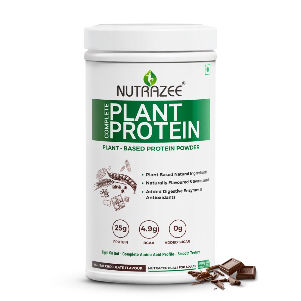 Nutrazee 100% Plant Protein Powder Vegan - For Men & Women, Natural Chocolate Flavour, Gluten & Lactose Free, Added Digestive Enzymes & Antioxidants (400 g, 11 Servings)