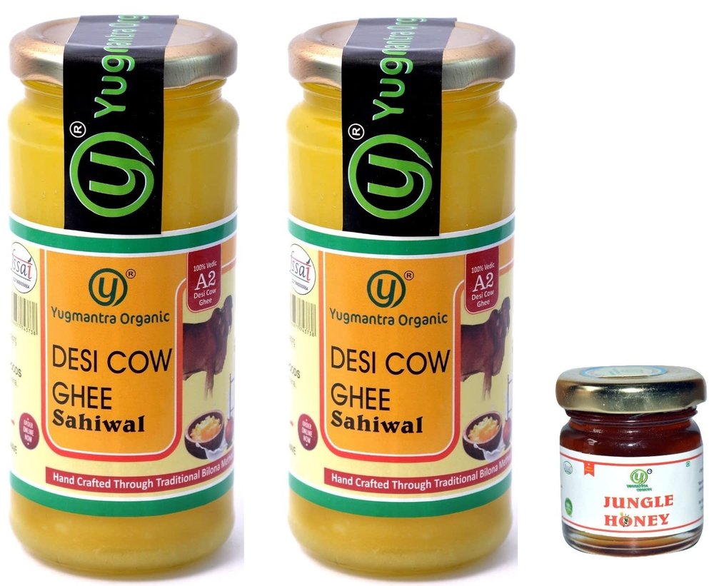 Yugmantra Organic Foods 100 % Pure Natural A2 Milk Sahiwal Cow's Grass-Fed Desi Ghee Prepared Curd by Traditional Bilona Padati (Method)Immunity Superfood - in Glass Bottle ( 250 mlx 2 =500 ml ) with Free 55 Gm Raw Honey
