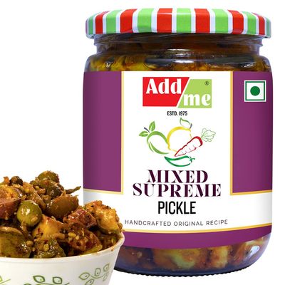 Add me Rajasthani Mix Achar 500gm, Homemade Mixed Supreme Mango Chilli Lemon Carrot ker Ginger karonda lasoda Fruit Pickle 500 gm Glass Jar
