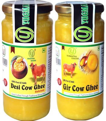 Yugmantra Organic Foods 100 % Pure Natural A2 Milk Sahiwal Cow's Ghee 250 ml & Gir Ghee 250 ml-( Total 500 ml )Grass-Fed Desi Ghee Prepared Curd by Traditional Bilona Padati (Method)Immunity Superfood - in Glass Bottle