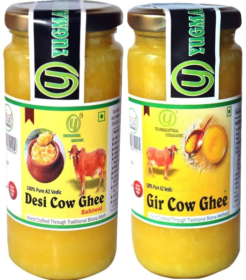 Yugmantra Organic Foods 100 % Pure Natural A2 Milk Sahiwal Cow's Ghee 250 ml & Gir Ghee 250 ml-( Total 500 ml )Grass-Fed Desi Ghee Prepared Curd by Traditional Bilona Padati (Method)Immunity Superfood - in Glass Bottle