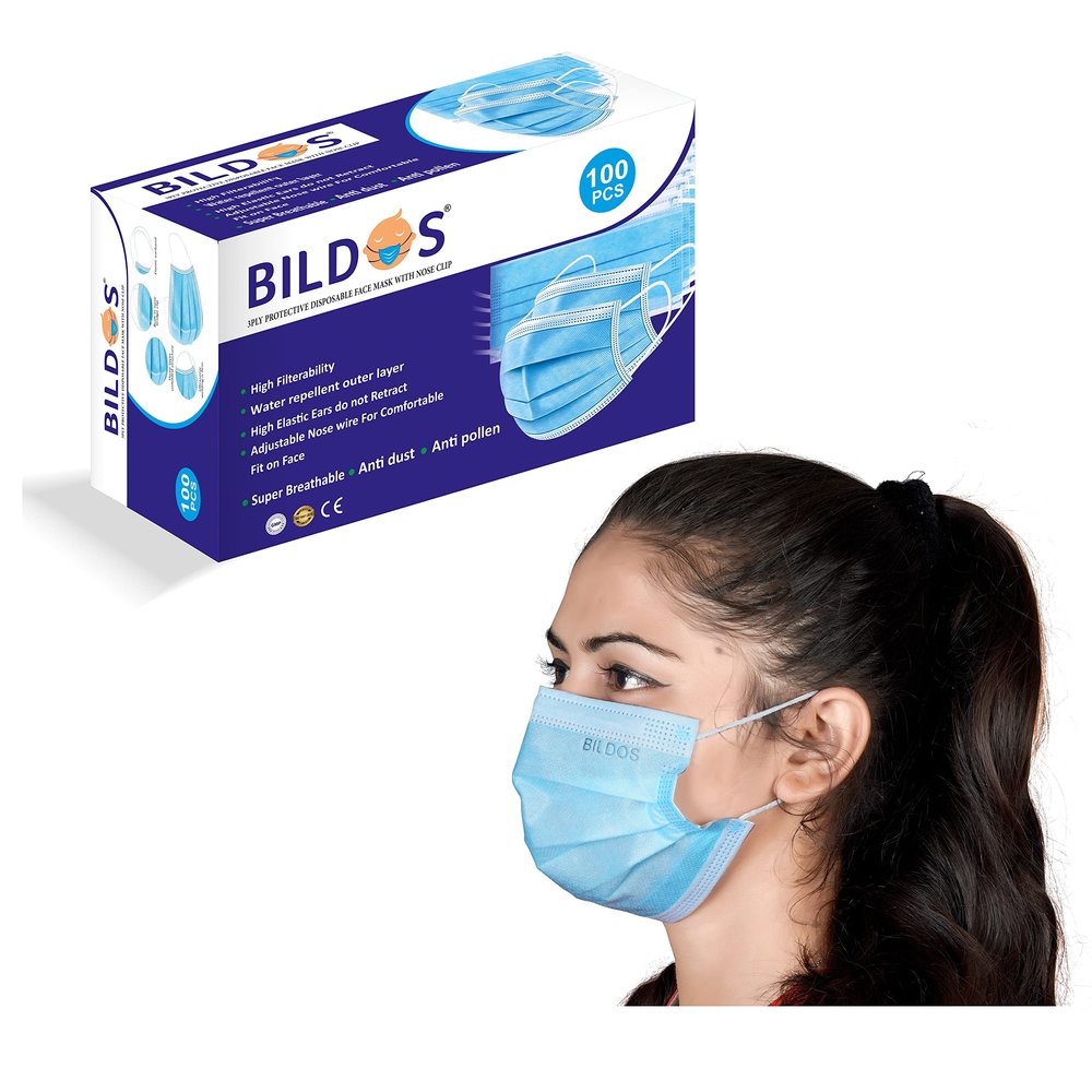 Bildos 3Ply Non-Woven Fabric Disposable Anti-pollution Dust Mask With Nose Clip (Blue,Pack of 100) for Unisex