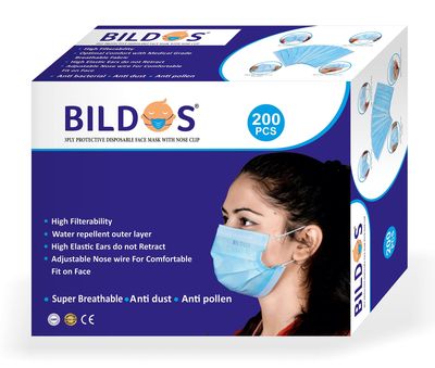 Bildos 3Ply Non-Woven Fabric Disposable Anti-pollution Dust Mask With Nose Clip (Blue,Pack of 200) for Unisex