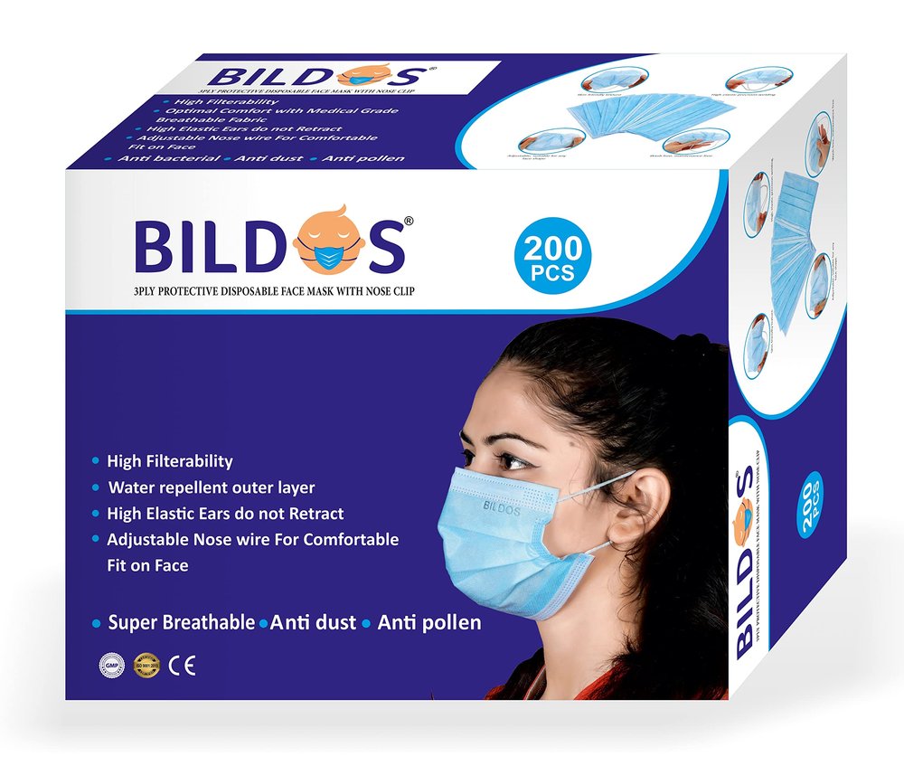 Bildos 3Ply Non-Woven Fabric Disposable Anti-pollution Dust Mask With Nose Clip (Blue,Pack of 200) for Unisex