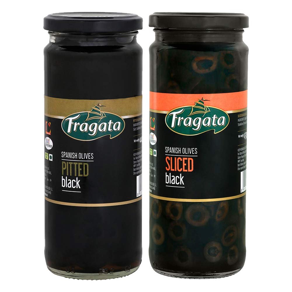 Fragata Combo of Pitted Black Olives 440g & Olives Sliced Black 430g Olives for Pizzas and Salads