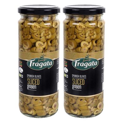 Fragata Sliced Green Spanish Olives 450g | Combo Pack of 2 | Ready to Eat, Healthy Snack | Gluten Free Fresh Olives | Olives for Pizza, Salads and Pasta