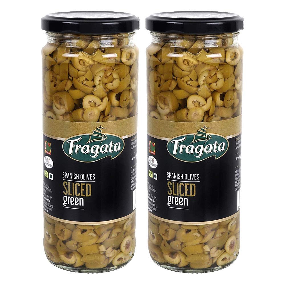 Fragata Sliced Green Spanish Olives 450g | Combo Pack of 2 | Ready to Eat, Healthy Snack | Gluten Free Fresh Olives | Olives for Pizza, Salads and Pasta
