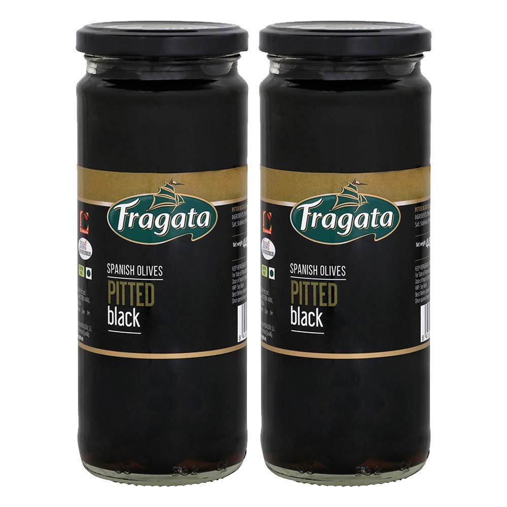 Fragata Pitted Black Spanish Olives 440g | Combo Pack of 2 | Ready to Eat, Healthy Snack | Gluten Free Fresh Olives | Olives for Pizza, Salads and Pasta