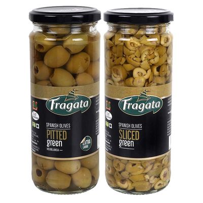 Fragata Combo of Pitted Green Olives 440g & Olives Sliced Green 440g Olives for Pizzas and Salads