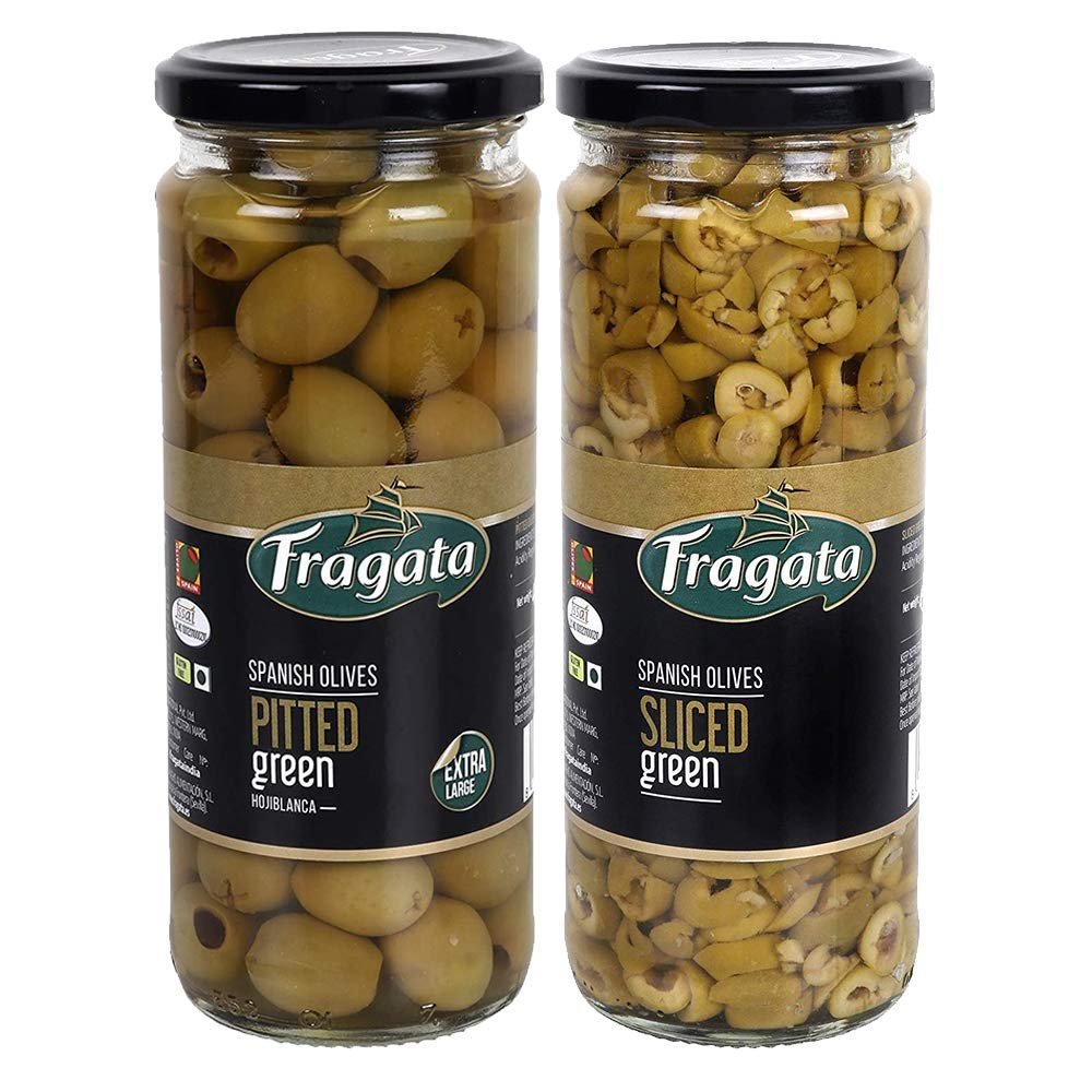 Fragata Combo of Pitted Green Olives 440g & Olives Sliced Green 440g Olives for Pizzas and Salads