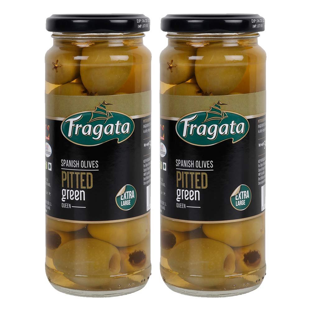 Fragata Pitted Green Queen Spanish Olives 340g | Combo Pack of 2 | Ready to Eat, Healthy Snack | Fresh Olives for Pizza, Salads and Pasta