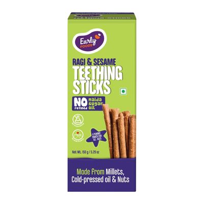 Early Foods No Refined Sugar, No Maida Ragi Teething Sticks | Sweetened with Jaggery | 100% Whole Wheat & Ragi Teething Snacks | Food Teether | 150g