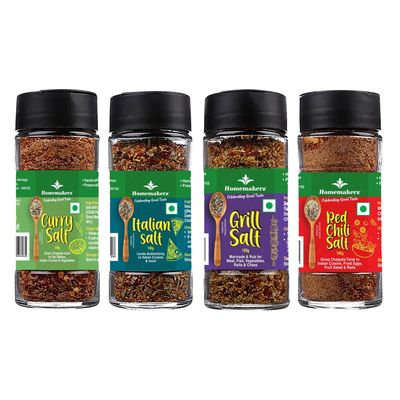 Homemakerz Gourmet Flavoured Cooking Salt Combo of 4 - Red Chili Salt + Curry Salt + Italian Salt + Grill Salt - Healthy Mineral Rich Sea Salts - 100 gm each