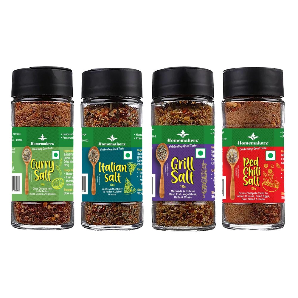 Homemakerz Gourmet Flavoured Cooking Salt Combo of 4 - Red Chili Salt + Curry Salt + Italian Salt + Grill Salt - Healthy Mineral Rich Sea Salts - 100 gm each