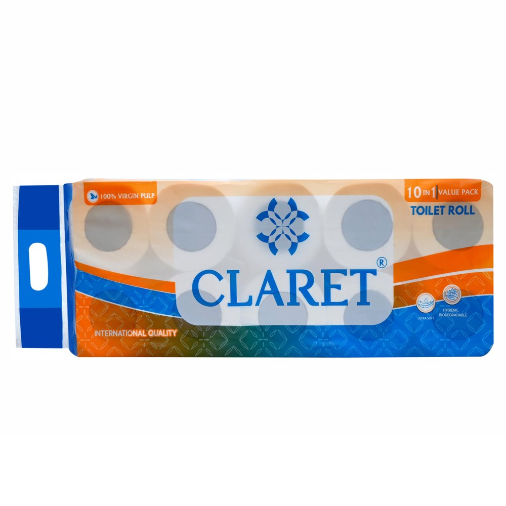 Claret 100% Virgin Pulp 2-Ply Toilet Rolls - Pack of 1 (10 Rolls) - OBA Free, Skin-Friendly, Ultra Comfort Quilted Bathroom Paper for Family Care