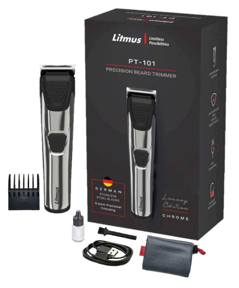 LITMUS Men Precision Beard Trimmer PT-101(Luxury Edition, Chrome), Waterproof | Corded & Cordless | Run Time: 70 Mins