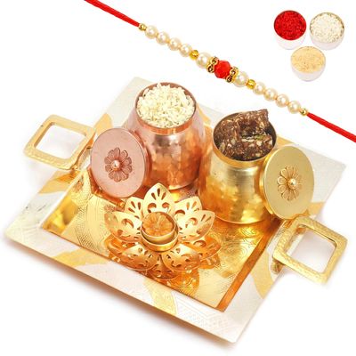 Ghasitaram Gifts Rakhi Gifts for Brothers Square Metal Tray with Sugarfree Bites, Diet Chiwda Namkeen and Golden T-lite with Beads Rakhi
