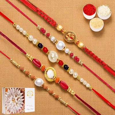 Ghasitaram Gifts Rakhi for Brother Rakhis Online Set of 5 Pearl Rakhis with 400 GMS of Kaju katli