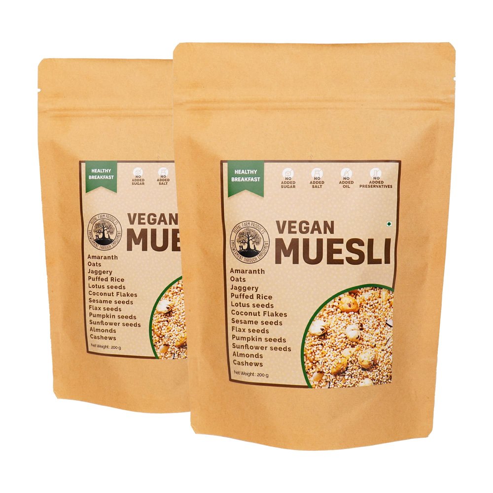 Peepal Farm Vegan Muesli | Handmade Wholegrain Breakfast Cereal | No Added Artificial Flavors & Preservatives | Pack of 2 (200g Each)