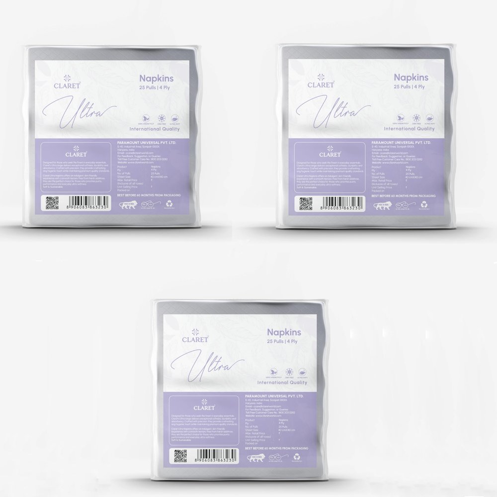 Claret Ultra Premium Paper Napkins | 4 Ply | 25 Pulls | Ultra Soft & Highly Absorbent Table Napkins | 100% Virgin Pulp | For Home, Dining, Restaurants & Guests | 40 x 40 cm (Pack Of 3)