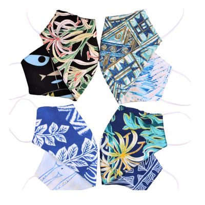 Kahala RCL Hawaiian Aloha Print Reversible Cloth Unisex Face Masks (Assorted 4 Pack) Reusable Nose Mouth Cover, Elastic Ear-Loops, BreathableWashable/