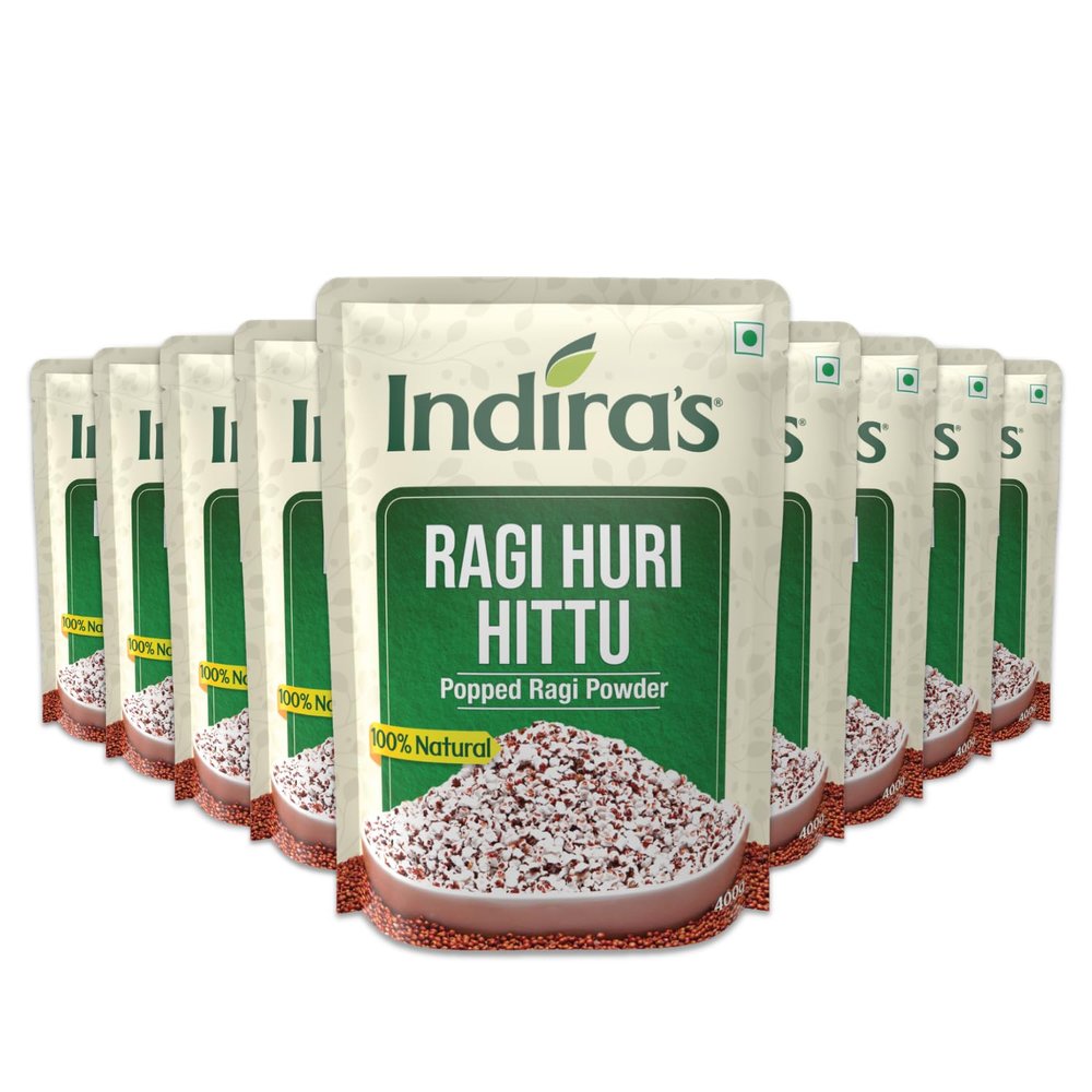 Indiras Ragi Huri Hittu, Tasty Popped Ragi Flour (400g x 9), Sugar Free Ragi Malt Mix, Instant Ragi Porridge Mix, Laddu Mix, Roasted Finger Millet Powder, Atta, Taidalu, Nachni, Mandua