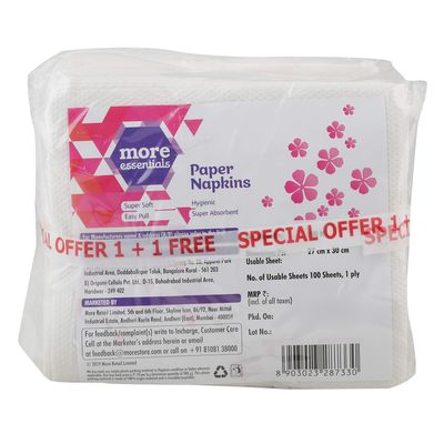 More Essentials more Quality 1st Paper Napkins 1 Ply 27cmX30 cm 100 sht - BOGO