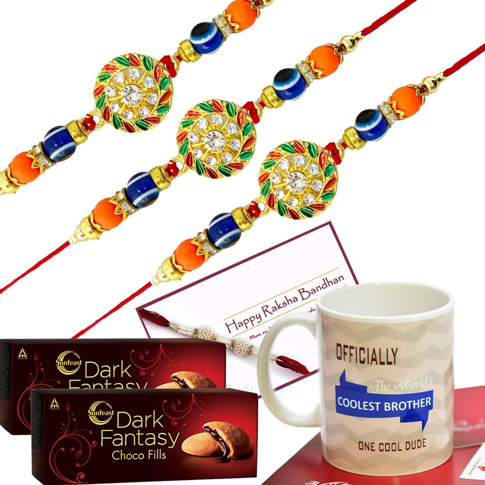 ascension 4 Silver Swastik Crystal Designer Rakhi Raksha Bandhan Gift Band Designer Rakhi for Brother bhaiya & 2 Dark Fantasy Cookies with Roli Tilak Card