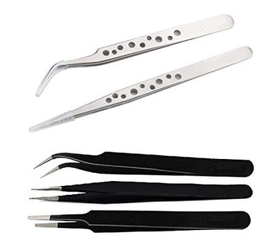 Axtella Set of 2 Anti-Static Stainless Steel Tweezers- Straight & Curved Tips With Set of 3 ESD Non-Magnetic Stainless Steel Tweezers- Straight, Flat & Curved Tips