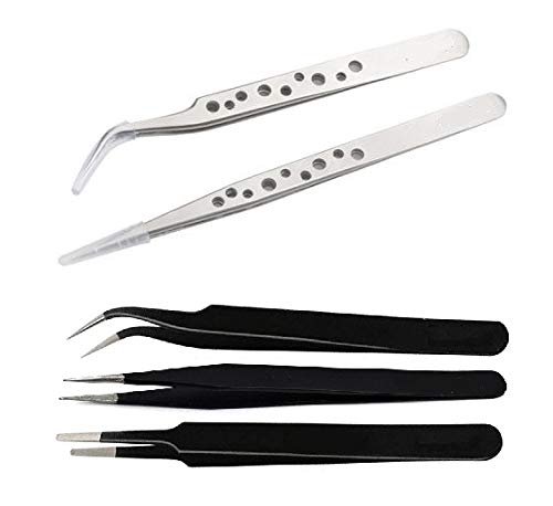 Axtella Set of 2 Anti-Static Stainless Steel Tweezers- Straight & Curved Tips With Set of 3 ESD Non-Magnetic Stainless Steel Tweezers- Straight, Flat & Curved Tips