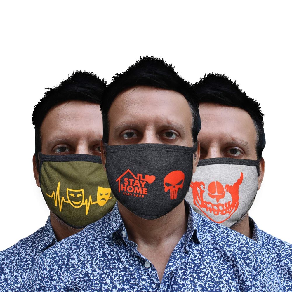 Zureni ORCFM3 3 Ply Cotton Face Mask Washable Reusable Breathable Protective Nose Mouth Cover with Non-woven Micro Fabric Layer (3 Pcs, Multicolor, Multi Design)