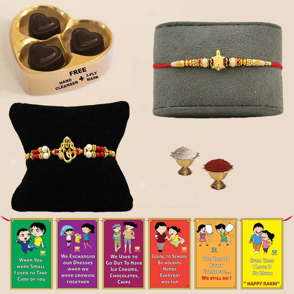 BOGATCHI AA-5 Rakhi for Brother with Chocolates, Designer Rakhi, Gold Rakhi, Rakhi Set of 2, Rakhi for Brother Combo, Rakhi for Brother with Gift, with Card and Roli-Chawal
