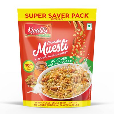 Kwality Crunchy Muesli Almonds, Raisins and Honey - No Added Refined Sugar, No Added Artificial Flavor and Color, Super Saver Pack 700g [Pack of 1]
