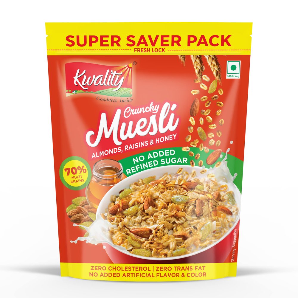 Kwality Crunchy Muesli Almonds, Raisins and Honey - No Added Refined Sugar, No Added Artificial Flavor and Color, Super Saver Pack 700g [Pack of 1]