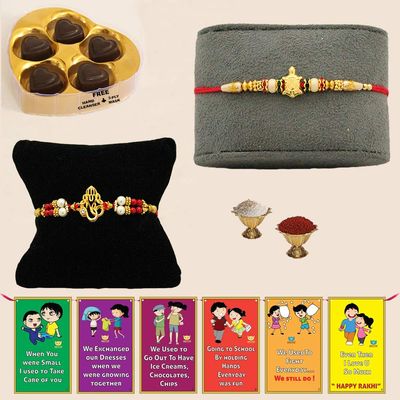 BOGATCHI AC-5 Rakhi for Brother with Chocolates, Designer Rakhi, Gold Rakhi, Rakhi Set of 2, Rakhi for Brother Combo, Rakhi for Brother with Gift, with Card and Roli-Chawal
