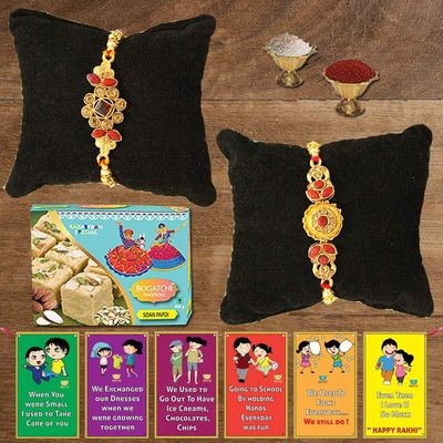 BOGATCHI DDA-9 Rakhi with Sweets for Brother, Designer Rakhi for Brother, Rakhi Combo Set of 2, Rakhi Sweets soan papdi 200g